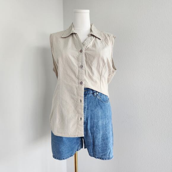 90s Classic Elements Tan White Plaid Sleeveless Flannel Shirt Button Down L - Picture 1 of 8